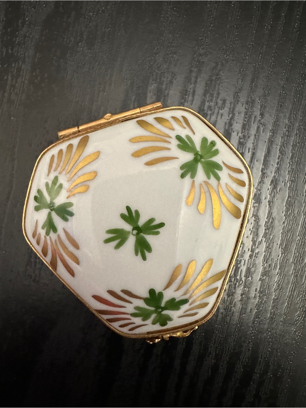 Eximious Limoges France Porcelain Trinket Box Green Gold Floral Hand Decorated